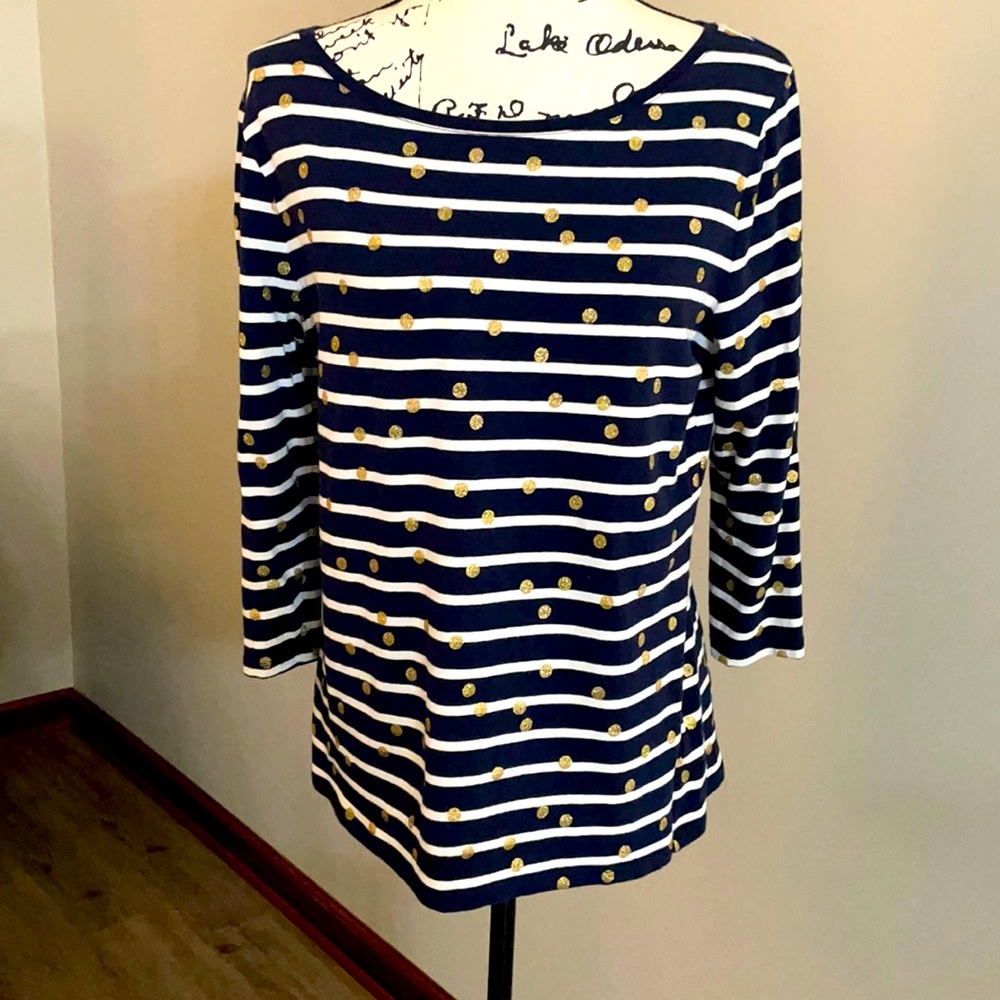 Talbots Navy Striped Top Shirt w/gold dots. 3/4 sleeve Size Medium M Like new!